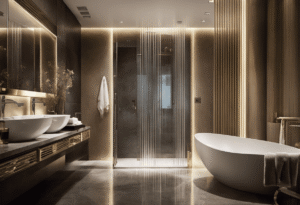 An image featuring a sparkling glass shower door in a luxurious hotel bathroom, showcasing a gleaming surface free from watermarks and soap scum