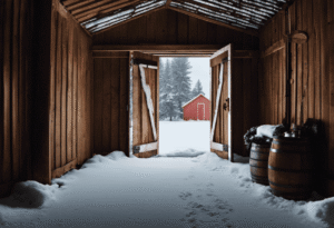 An image showcasing two contrasting scenes: a chilly room with a drafty traditional door, and a cozy room with a well-insulated barn door