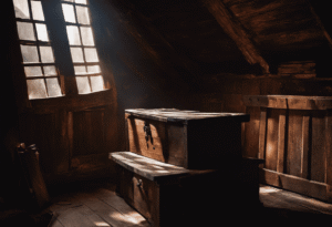 An image capturing the intrigue of a dimly lit attic with an old, weathered door ajar