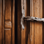 an image of a splintered wooden door frame, cracked plaster surrounding it
