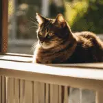 An image that depicts a serene backyard scene, with a cat lounging on a sunlit windowsill beside a sturdy, cat-friendly screen door