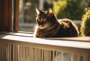 An image that depicts a serene backyard scene, with a cat lounging on a sunlit windowsill beside a sturdy, cat-friendly screen door