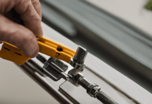 An image showcasing a close-up view of a patio door hinge, with a hand holding a screwdriver, demonstrating the process of tightening loose screws and lubricating the hinges, providing an effective quick fix for jammed patio doors