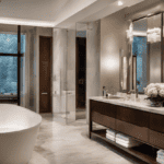 An image showcasing a luxurious bathroom transformation: a spacious, modern bathroom with sleek marble countertops, a freestanding bathtub, and a stunning glass-enclosed shower, all emphasized by the elegant addition of pocket doors