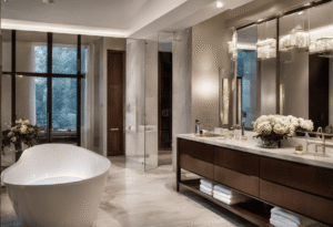 An image showcasing a luxurious bathroom transformation: a spacious, modern bathroom with sleek marble countertops, a freestanding bathtub, and a stunning glass-enclosed shower, all emphasized by the elegant addition of pocket doors