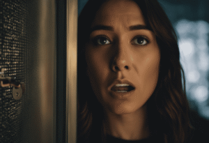 An image featuring a frustrated person standing in front of a locked screen door, desperately trying various methods to unlock it