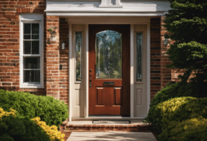 An image of a modern, sleek storm door adorned with decorative glass panels, nestled against a charming brick house