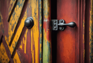 An image showcasing a close-up view of a painted door hinge, with vibrant colors and a flawless finish