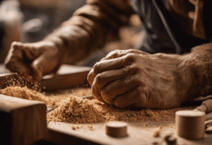 An image showing a woodworker's hands, calloused and worn, gently cradling an intricately carved wooden masterpiece on a workbench