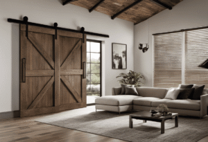 An image showcasing a sleek, modern living room with a captivating barn door installation