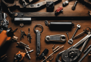 An image showcasing a frustrated homeowner attempting to fix a jammed Larson storm door lock, surrounded by a pile of unsuccessful tools and a phone nearby, suggesting the need to call a professional
