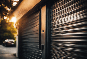 An image showcasing a mesmerizing, close-up view of a sleek, metallic garage door, adorned with a cutting-edge magnetic locking mechanism, emanating an aura of mystery and innovation