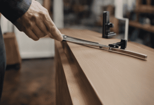 An image showcasing a set of precise tools, a leveled door, and a skilled hand effortlessly placing a hinge