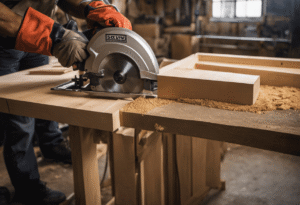 An image capturing a skilled craftsman, wearing safety goggles and gloves, precisely cutting a hollow core door with a circular saw