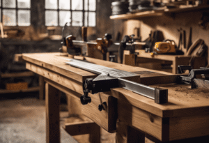 An image showcasing a well-equipped workbench with tools like a circular saw, chisel, and utility knife neatly arranged