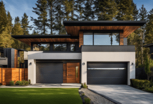 An image featuring a wide-angle view of a modern suburban house, with a sleek, state-of-the-art garage door seamlessly blending with the facade, showcasing its cutting-edge technology and captivating design