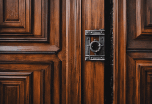 An image showcasing a close-up of a load-bearing door frame, with visible steel reinforcements hidden beneath layers of wood, revealing the intricate inner structure that supports the weight and stability of the door