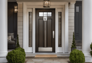 An image showcasing a modern front door equipped with a sleek, brushed nickel door lock, seamlessly integrated with a Ring doorbell system