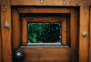 An image depicting a close-up view of a door frame with water seeping in from the top, showing droplets trickling down the wooden frame, revealing the urgency to address this issue