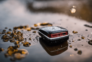 An image depicting a waterlogged car key submerged in a puddle, with droplets slowly corroding its electronic chip