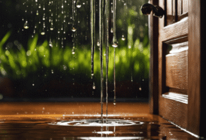 An image capturing the moment when droplets of water, glistening in the soft bathroom light, trickle down the wooden door frame, forming delicate rivulets that merge with a growing puddle on the tiled floor