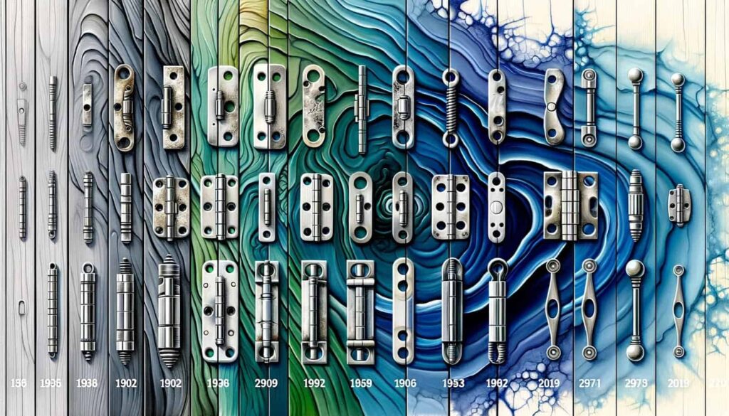 A timeline or collage showing the historical evolution of door hinge pins through the ages, rendered in a unique artistic style.