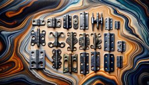 An array of door hinge pins of different sizes, materials, and designs laid out side by side on a wooden table, highlighting differences