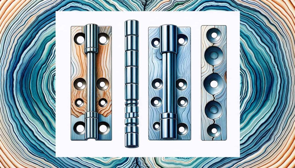 An educational illustration comparing standard and non-standard door hinge pins, set against a background of striated resin veins with light indigo