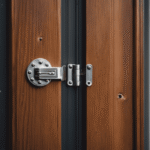 an image of a symmetrical, silver door hinge with rounded edges and a series of evenly spaced holes, mounted on a wooden door, depicting the quintessential design that dominates the majority of household doors worldwide