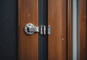an image of a symmetrical, silver door hinge with rounded edges and a series of evenly spaced holes, mounted on a wooden door, depicting the quintessential design that dominates the majority of household doors worldwide