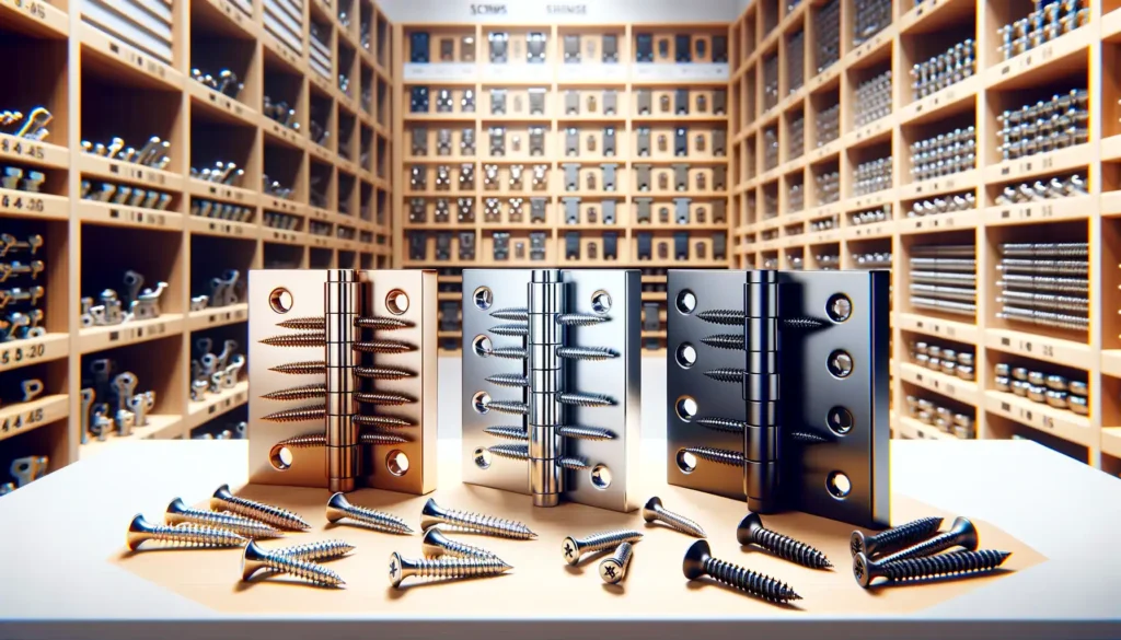 range of screw finishes next to matching door hinges