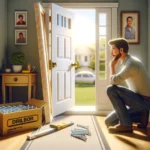 sunny Saturday morning scene in a home hallway, where Jake is seen considering the replacement of a sagging interior door using drywall screws