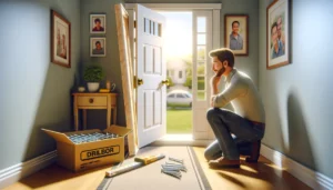 sunny Saturday morning scene in a home hallway, where Jake is seen considering the replacement of a sagging interior door using drywall screws