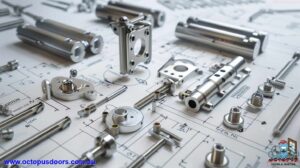 Assorted fire door hinges and matching screws on workbench with size annotations
