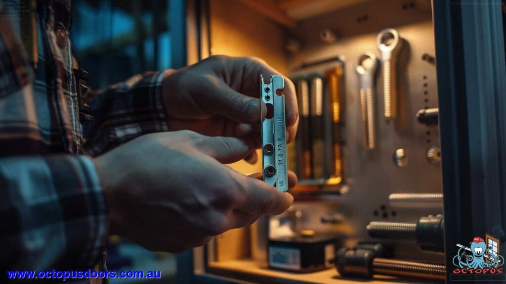 Professional selecting correct screw sizes for fire door hinges with scale and annotations