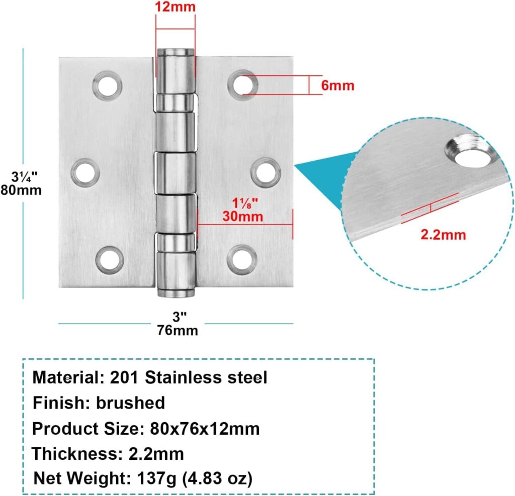 6 Pack 3 x 3-1/8 inch Door Hinges, Stainless Steel Square Butt Hinges, Ball Bearing, Brushed Finish, Thickness 2.2mm, Load 200 LB/Pair