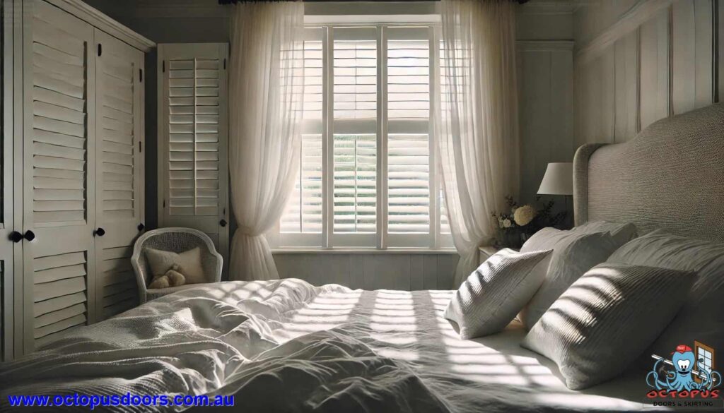 cozy bedroom white plantation shutters