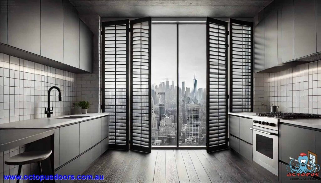 modern kitchen black plantation shutters