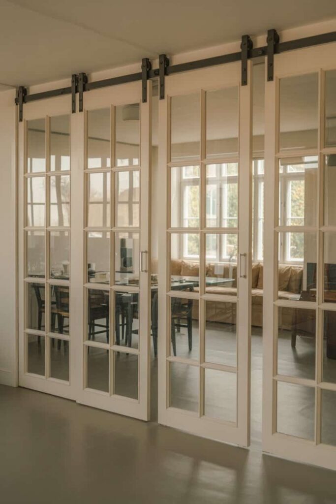 French doors with clear glass panels mounted on a visible sliding track system