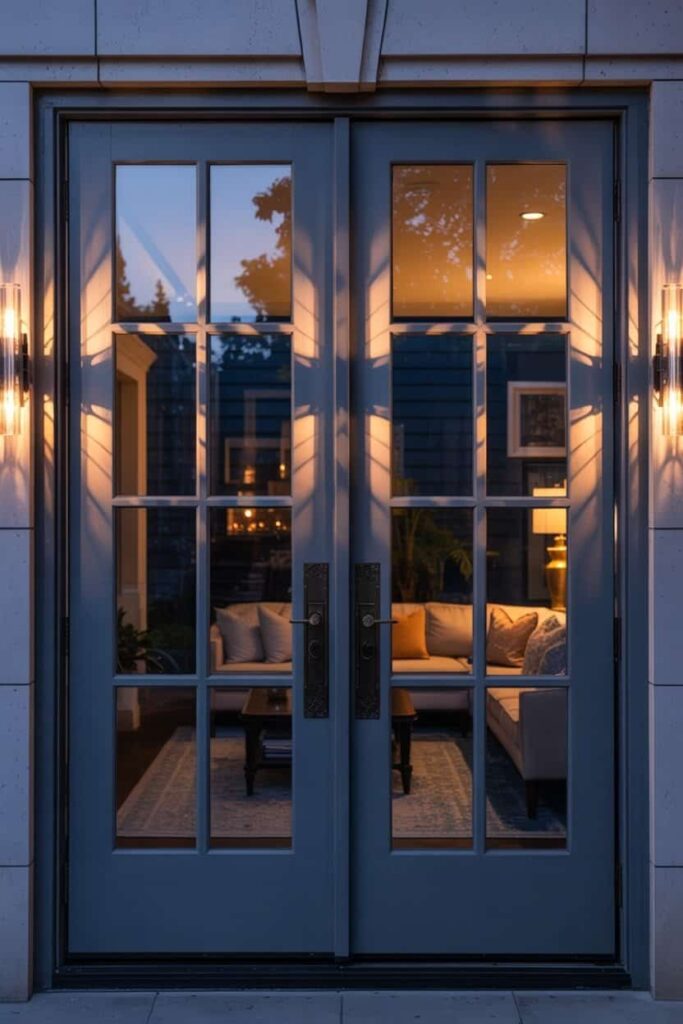French patio door at dusk with elegant wall sconces mounted on either side