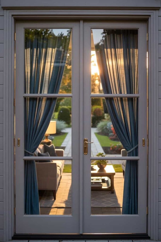 French patio door featuring a sleek, minimalist smart lock with brushed metal finish