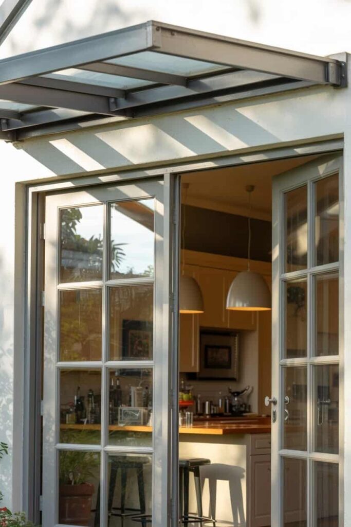 French patio door with a sleek, architectural awning mounted above it