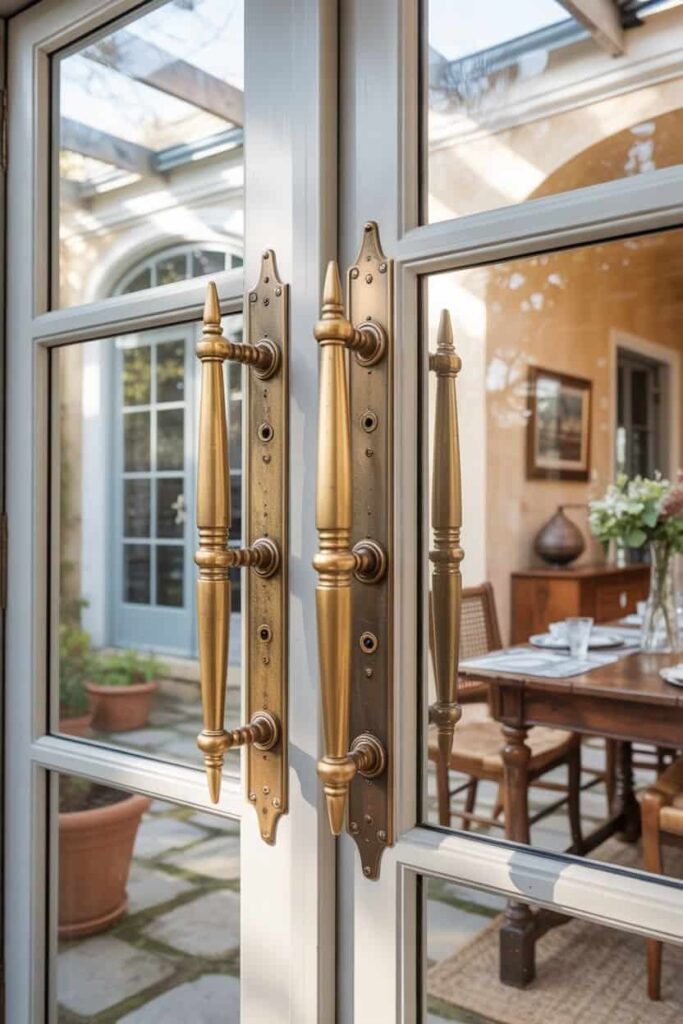 French patio door with oversized aged brass hardware and decorative handle sets