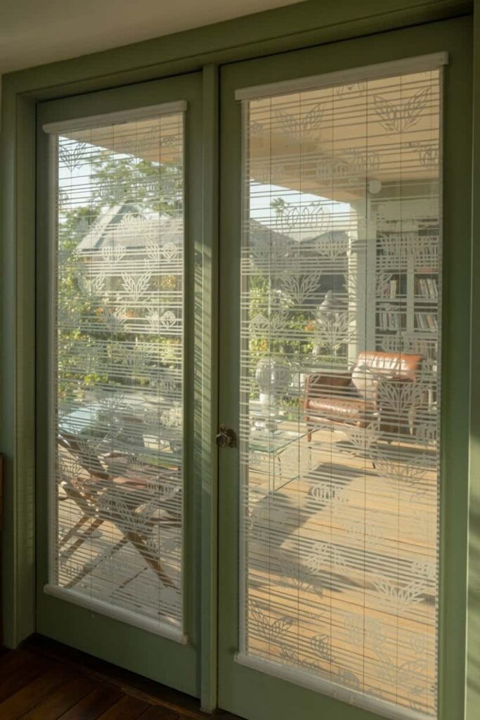 French patio door with subtle decorative glass film applied to the panels