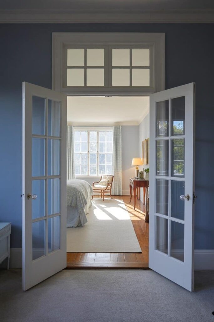 black-framed French doors