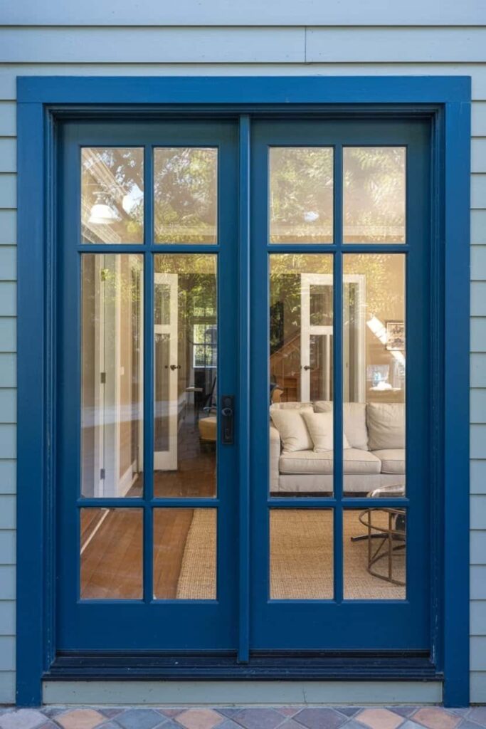 french patio door with freshly painted navy blue frames