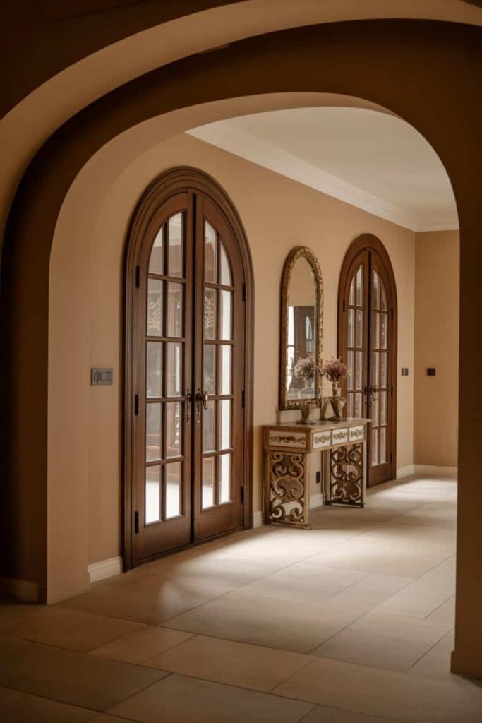 grand entryway with arched-top French doors
