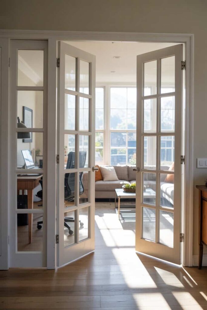 modern French doors with clear glass panels and slim aluminum muntins
