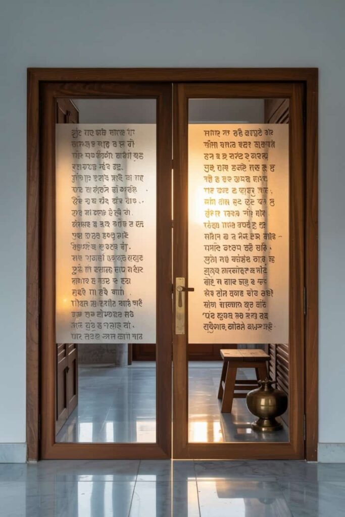 mandir door combining frosted glass panels with solid wooden frames