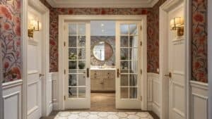 chic bathroom french doors